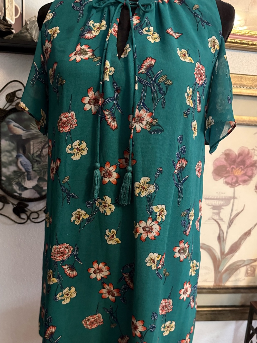 Sequin Hearts Teal Floral Cold Shoulder Mini Dress Boho Cottagecore •Size M•